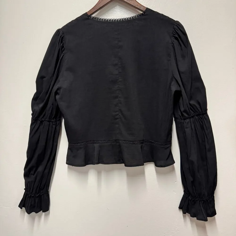 Reformation Meadowlark Blouse Black Eyelet Embroidery Boho Cotton Peplum Size 10